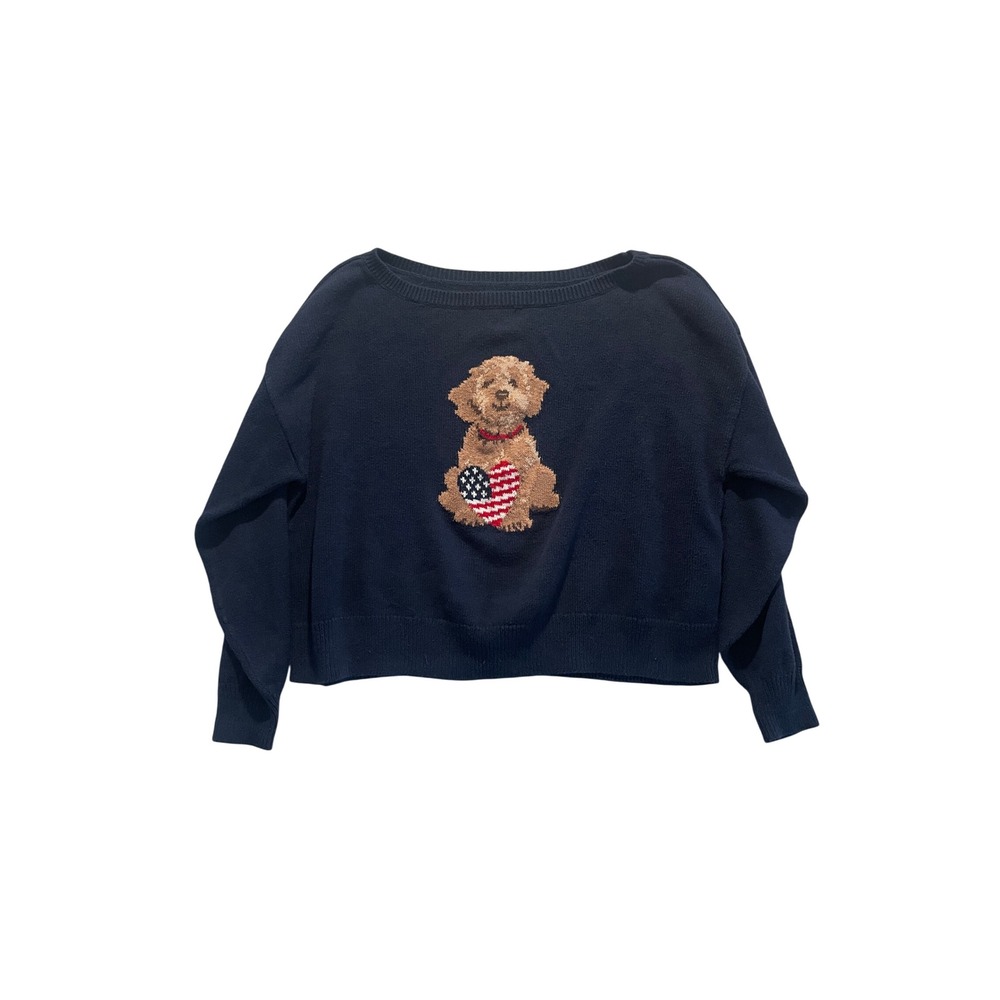 Navy Blue Knit Cropped Sweater Dog American Flag Heart Size S Hollister